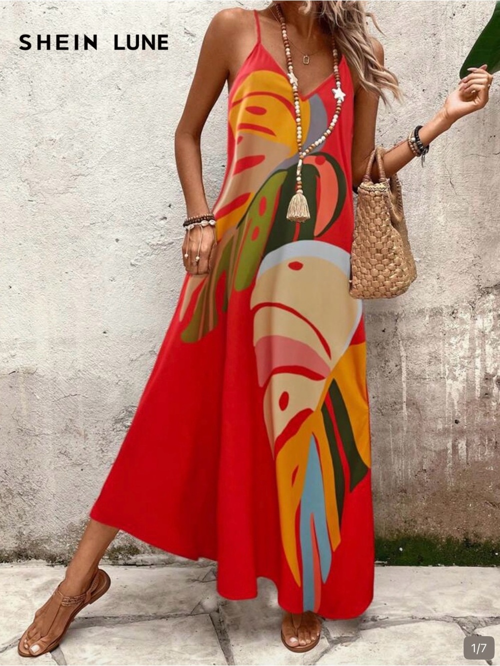 Red Tropical Print Maxi Dress
